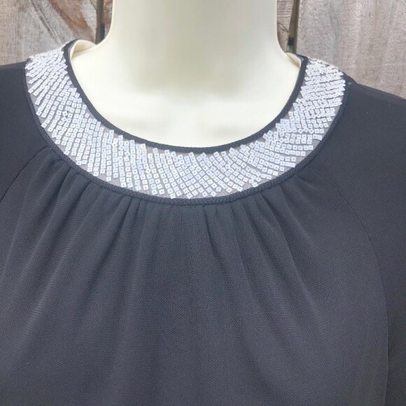 Neil Bieff Black Sequin Blouse Wool 8 Top White Keyhole Vintage Medium - Picture 4 of 8